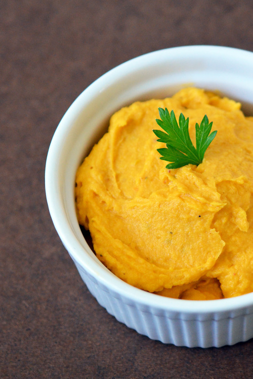 Roasted butternut squash dip in a ramekin.