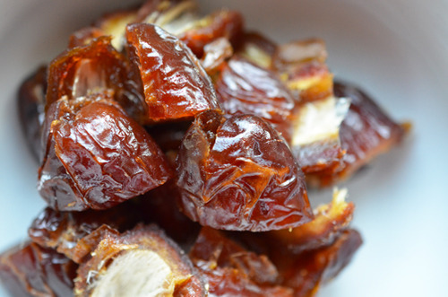 Pitted and sliced dates in a bowl.