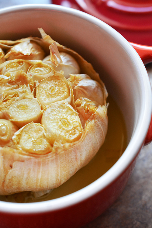 A roasted head of garlic.
