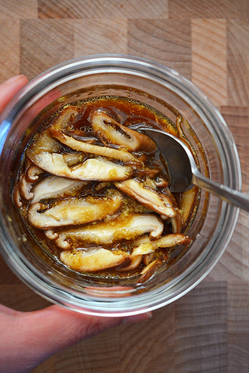 An overhead shot of the sauce for Fish en Papillote with Citrus, Ginger, & Shiitake