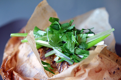 A side closeup of Fish en Papillote with Citrus, Ginger, & Shiitake topped with fresh cilantro and sliced scallions