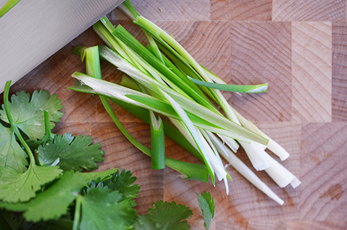 Thinly sliced scallions and fresh cilantro for Fish en Papillote with Citrus, Ginger, & Shiitake 