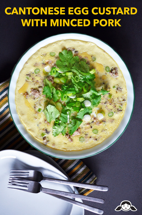 An overhead shot of Cantonese Egg Custard with Minced Pork.