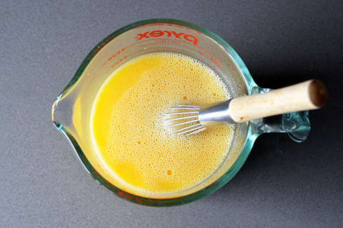 An overhead shot the whisked eggs.
