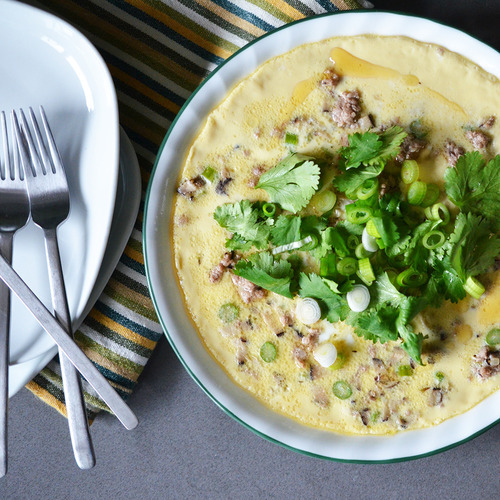 An overhead shot of Cantonese Egg Custard with Minced Pork ready to serve.
