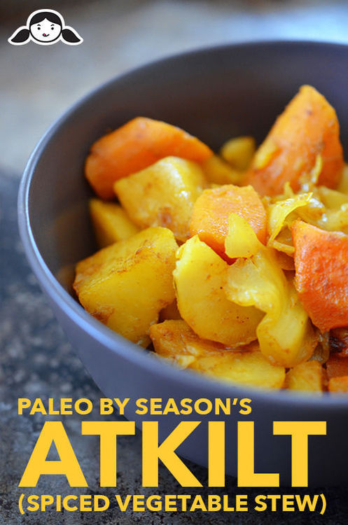 A shot of a bowl of Whole30-friendly Atkilt (Spiced Ethiopian Vegetable Stew) in a blue bowl.