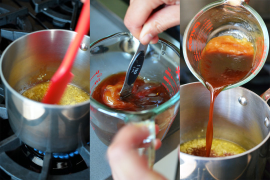 adding the ingredients for the Sticky Seseame Teriyaki Chicken Wing sauce.