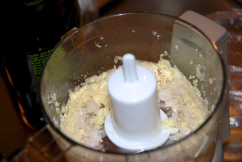Shallots minced in a food processor.