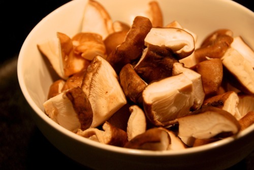 Chopped shiitake mushroom prepped and in a bowl for the paleo stir-fried shiitake and broccoli slaw recipe.