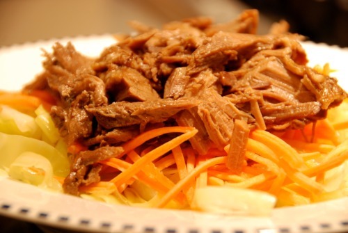 A plate of the paleo stovetop braised cabbage topped with brisket.
