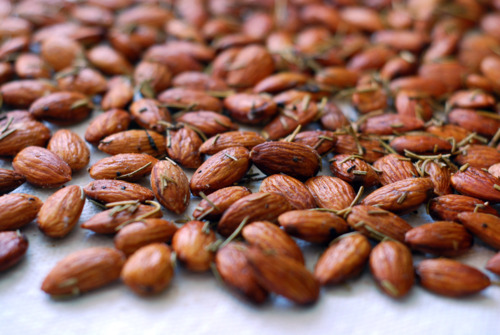 Roasted Rosemary Almonds on a tray.