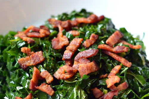 A bowl of the paleo quick and simple stir-fried kale and bacon.