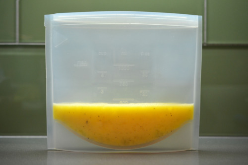 Scrambled eggs inside a reusable sous vide bag.