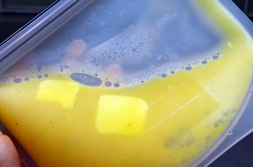 A sous vide bag with scrambled eggs.