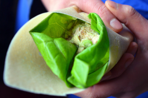 Someone holding an avocado and tuna wrap in their hand.