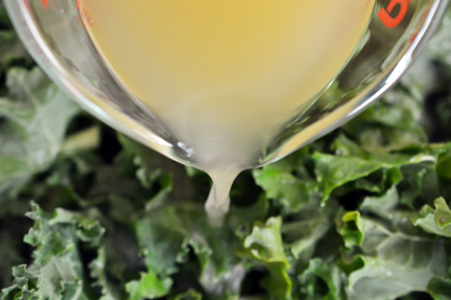 Pouring chicken broth into the Instant Pot with kale for Instant Pot braised kale and carrots.