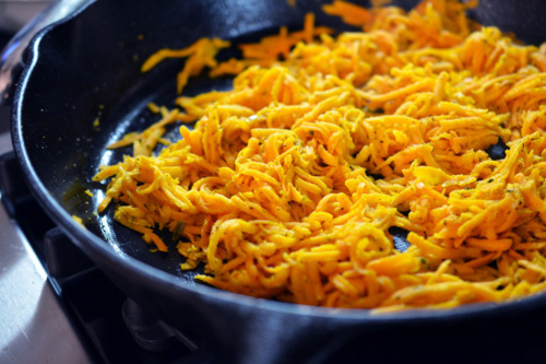 Another shot of Sweet Potato Hash in a cast iron skillet.