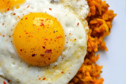 An overhead shot of Sweet Potato Hash with Fried Eggs