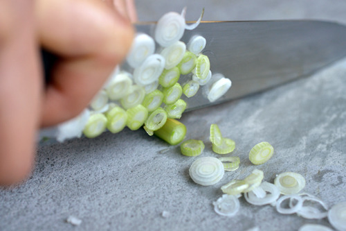 Someone thinly slicing up scallions.