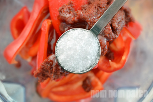 An overhead shot of the ingredients for Paleo Sriracha in a Vitamix.