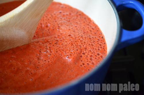 A closeup of Paleo Sriracha simmering in the saucepan.