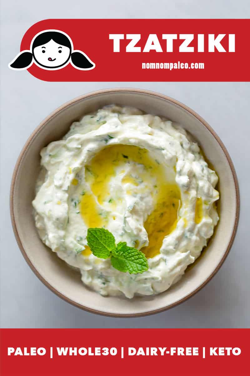 An overhead shot of a shallow beige bowl filled with dairy-free vegan, Whole30, keto, and paleo Tzatziki.