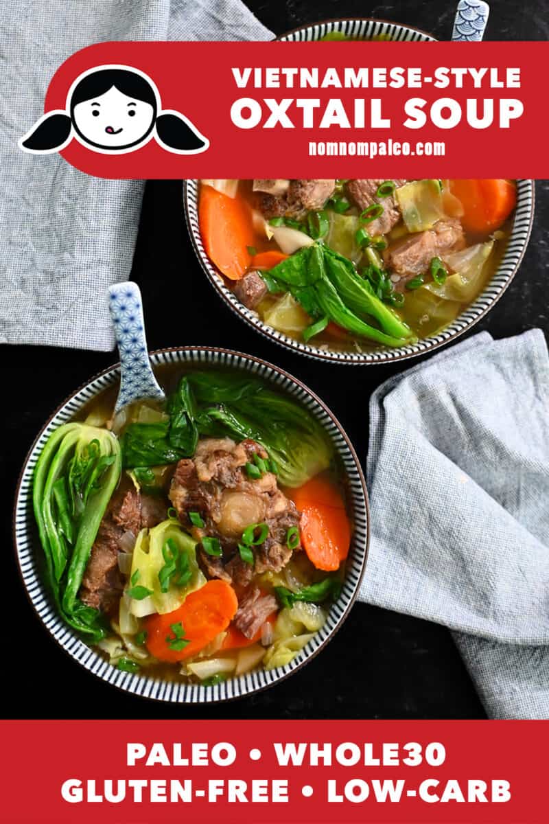 An overhead shot of two bowls filled with oxtail soup, a paleo, Whole30, and low carb soup