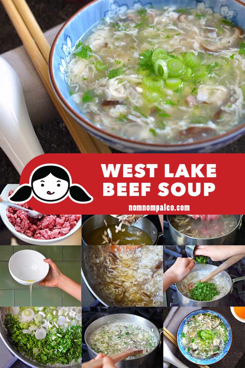 A collage of the cooking steps to make West Lake Beef Soup.