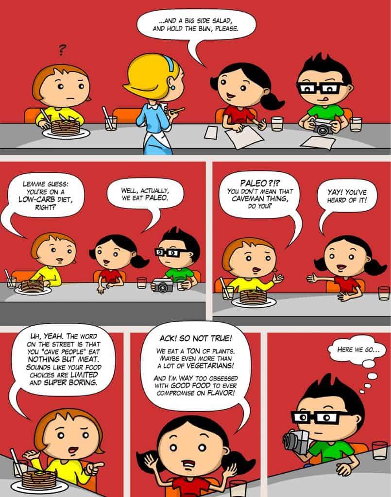 A cartoon that shows a cartoon Michelle Tam explaining what eating paleo means to another cartoon woman.