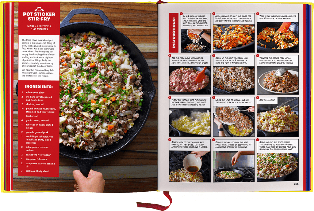 A copy of Ready or Not! cookbook opened to the Pot Sticker Stir-Fry or egg roll in a bowl recipe page.